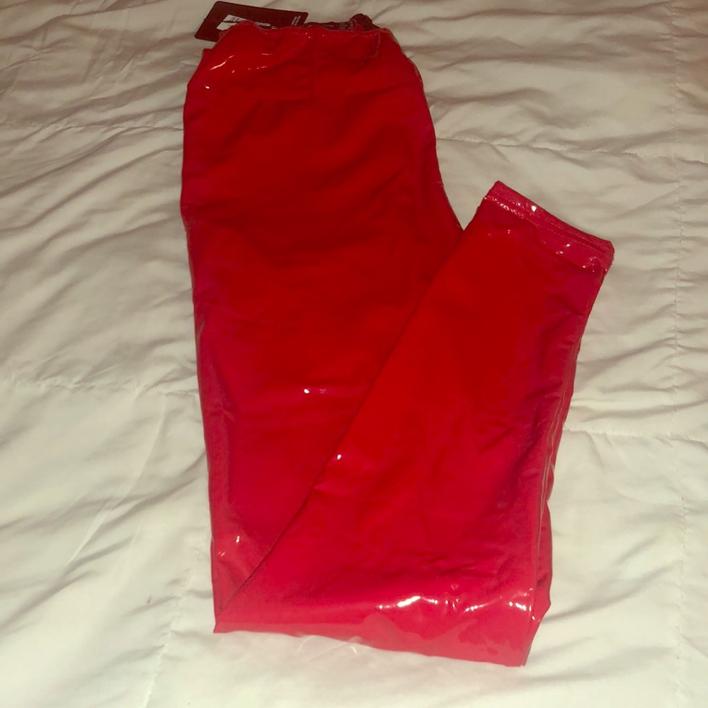 Red High Waist Vinyl Pants